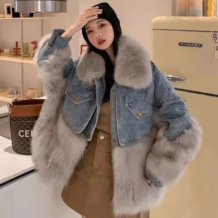 Fashion Denim Jacket Women Faux Fur Collar Jeans Coat 2024 New Winter Coat Female Thick Warm Parkas Hair Lining Outwear Y135