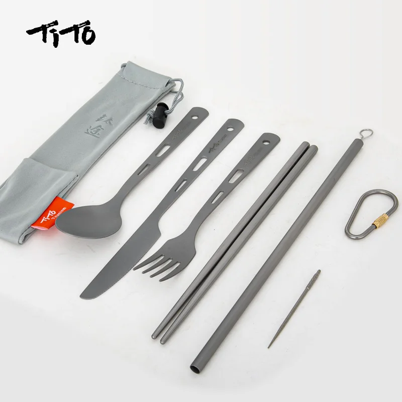 

TiTo Titanium Ultralight Cutlery Outdoor Portable Knife Fork Spoon Straw Toothpick Chopsticks Camping Hiking Travel Flatware Set