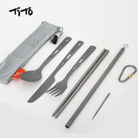 TiTo Titanium Ultralight Cutlery Outdoor Portable Knife Fork Spoon Straw Toothpick Chopsticks Camping Hiking Travel Flatware Set