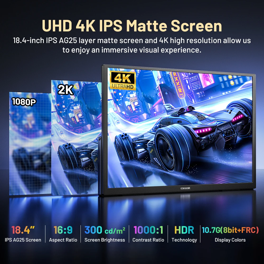 Kinhank 18.4 "4K 60HZ Monitor portatile K18G con Google TV HDR10 IPS Display Monitor da gioco per PC Laptop Interruttore del telefono