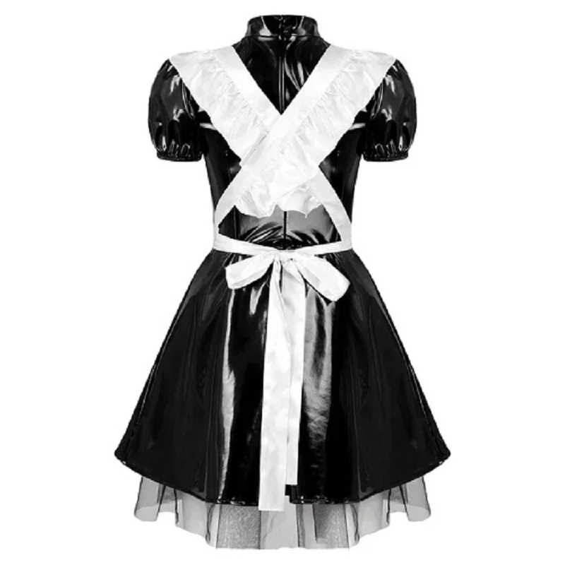 Hot Selling Collar Black PVC Maid Adult Cross Dresser Sissy Medium Length Fluffy Short Sleeved Independent Apron Dress Custom