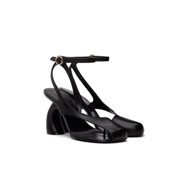 

New Style Special-shaped High Heel Asymmetrical Half-covered Toe One-line Buckle Square Toe Clip-toe Large Size Roman Sandals