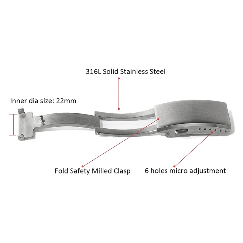 Fermoir de rechange fraisé de sécurité pour montre, acier inoxydable, bracelet de montre, 22mm