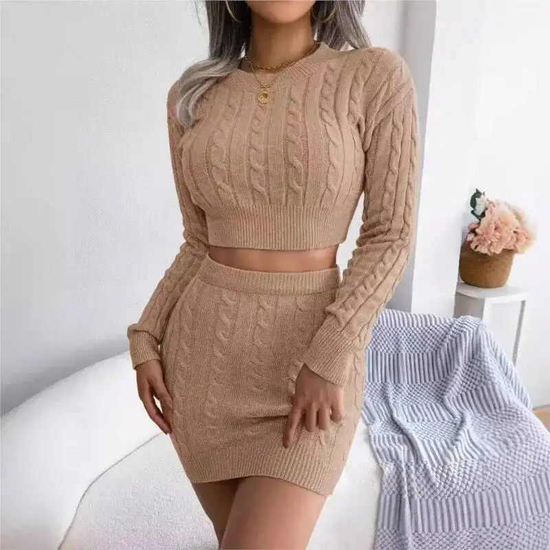 

Autumn And Winter Fried Dough Twists Navel Revealing Sweater Buttock Knitting Skirt Women's Long Sleeved Top Slim Suit Skirt2024