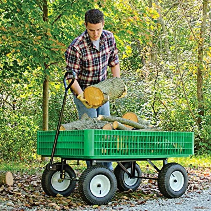 Green utility wagon for outdoor use, polyethylene tray, flat-free tires, 30x46x7.5 inches, rust-resistant steel frame, all-terr