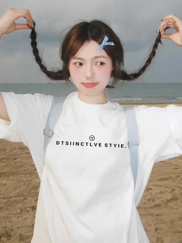 

White Pure Cotton ort Sve T-irt Women's Loose Slimming Summer Faionable Unique Top Korean Sle round Ne Basic Fit