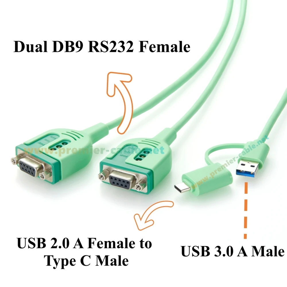 USB-A & USB-C to RS232 Serial Adapter Cable USB to Dual DB9 Female COM Port Converter with FTDI FT232RNL Chip for PLC, CNC