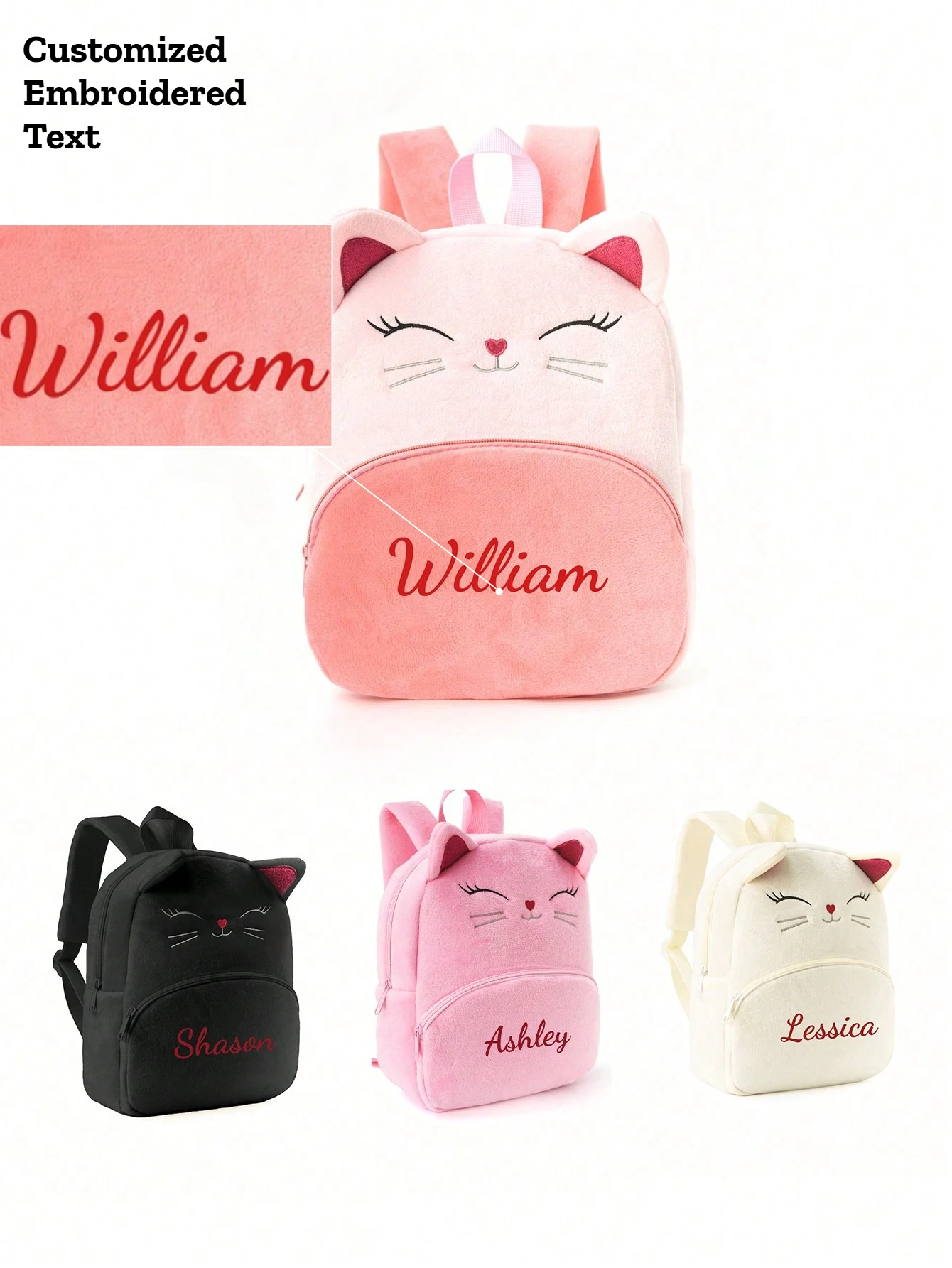 Customized Embroidered Text Cat Backpack Plush School Bag For Kids Toddler Girls Boys Cute Cartoon Kitten Bag Children Day Gift