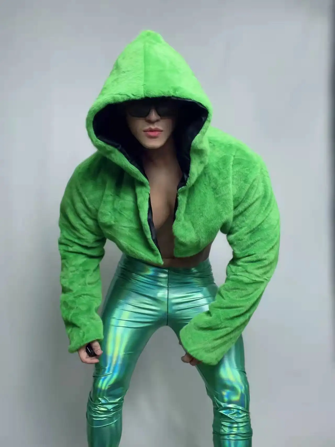 

Atmosphere Green Faux Fur Coat Leather Pants Nightclub Bar Stage Dance Male Singer Dancer Party Show Rave Festival Costume