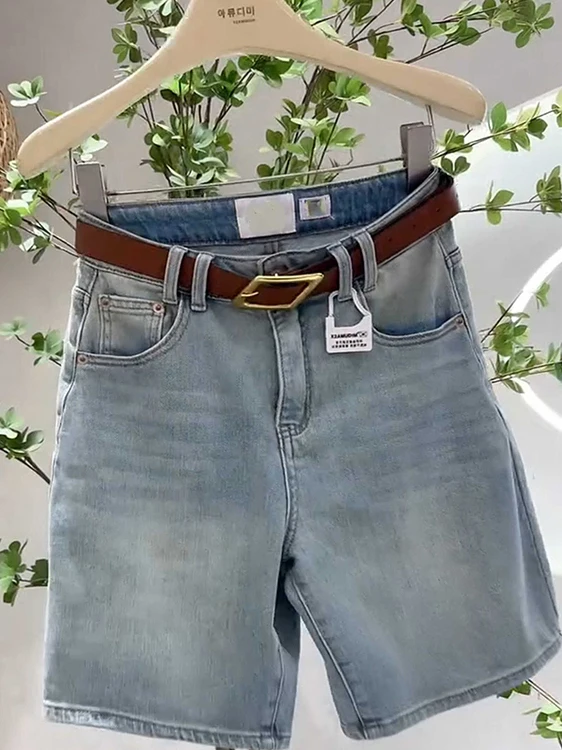 Blaue Denim-Jeans mit Hoher Taille und Geradem Bein für Damen, Elastische Schlankmachende Jeans in Übergröße, Sommer-Neuheit, Fünf-Viertel-Länge
