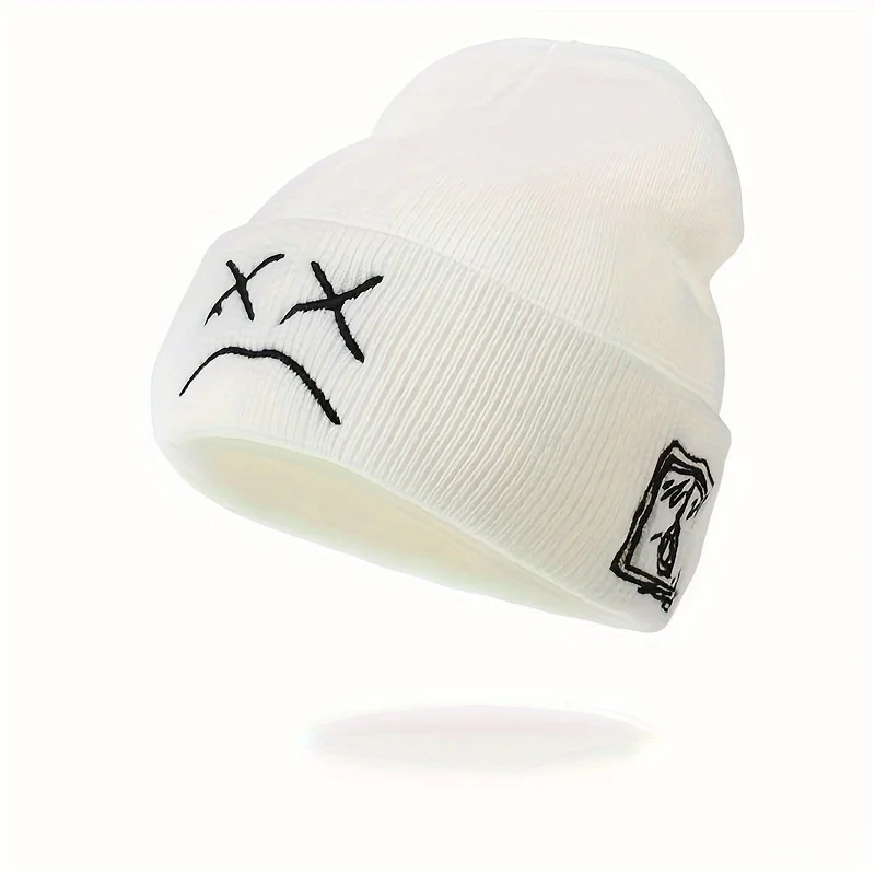 Sad face embroidered graphic brimless beanie fashionable black and white knitted hat casual hip-hop brimless hat image 3