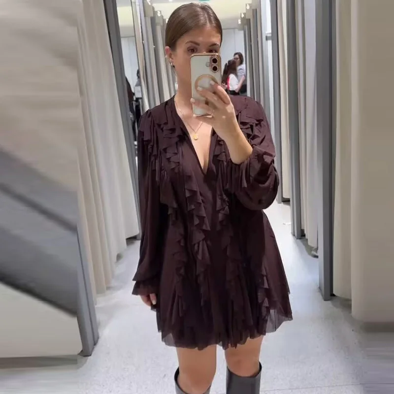 Hxao vestidos curtos 2025 mulher babados dobras vestidos de verão em camadas com decote em v vestidos de manga longa feminino marrom mini vestido de festa