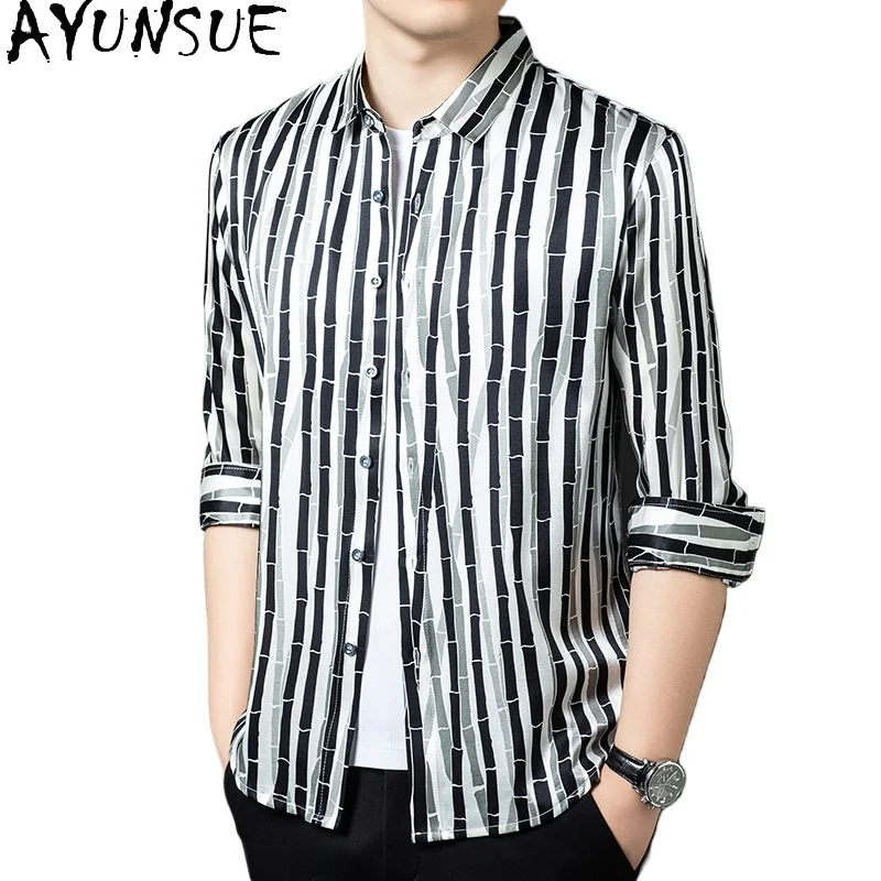 AYUNSUE 92.5% Real Mulberry Silk Shirt for Men 2026 Fashion Spring Autumn Long Sleeve Shirts Casual Business Shirts Man Clothes