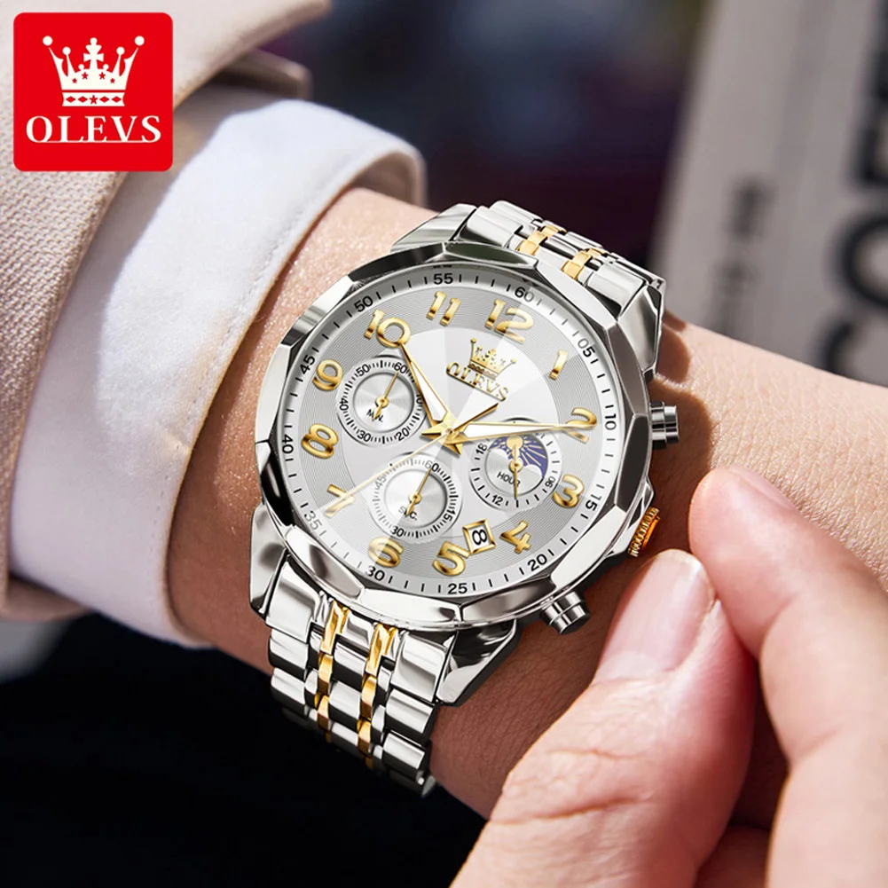 OLEVS 3676  Mens Watch Quartz Watch Multifunctional Chronograph Waterproof Luminous Moon Phase Watch Mens Gifts Original Reloj