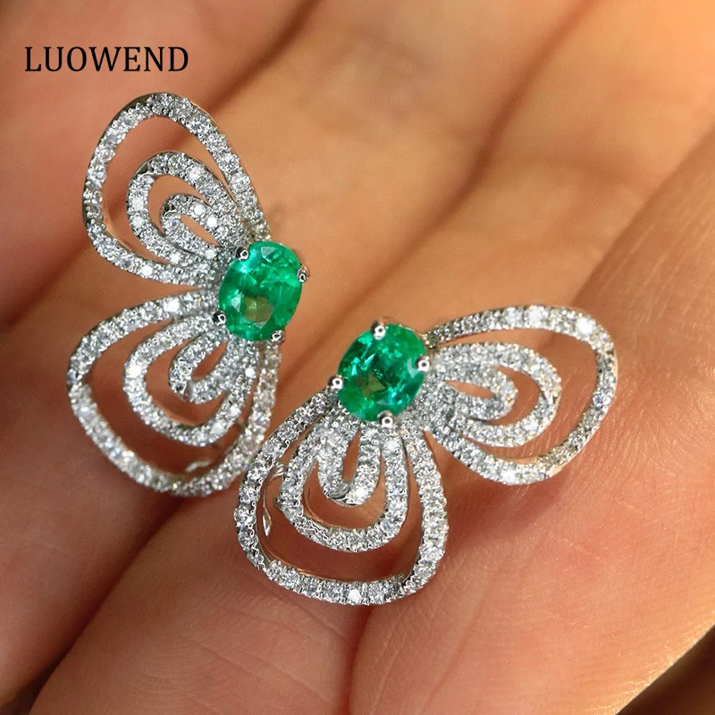 LUOWEND 100% 18K White Gold Earrings Luxury Butterfly Shape Shiny Diamond Natural Emerald Earrings for Women High Party Jewelry