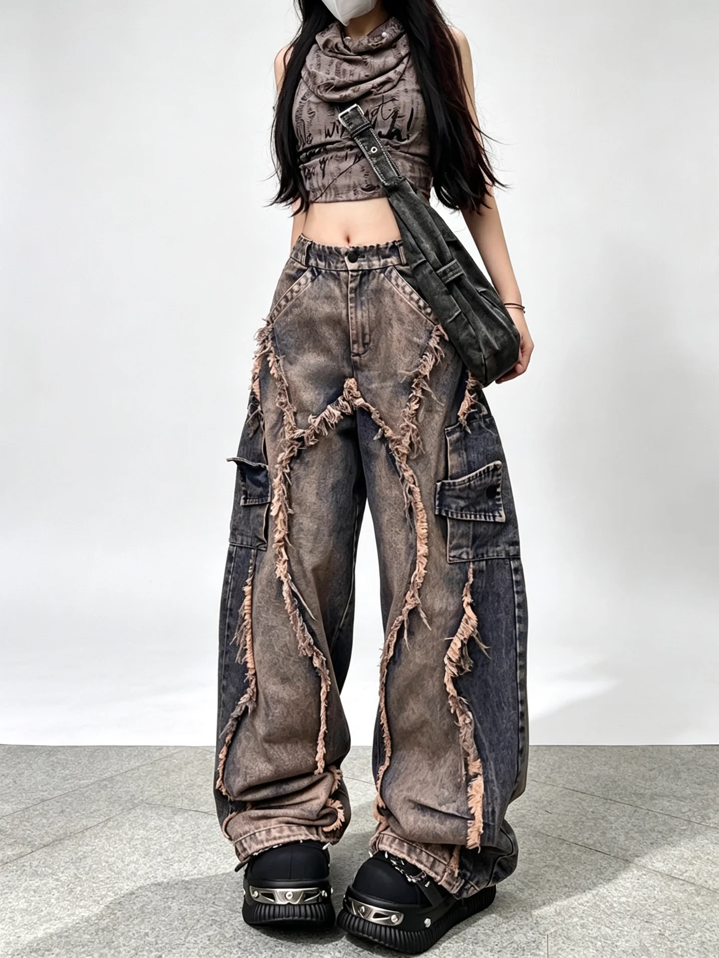 Ripped Denim Jeans Women's Wide Leg Long Pants Street Dance Style Color Block Deconstructed Jeans Vintage Washed Hemming