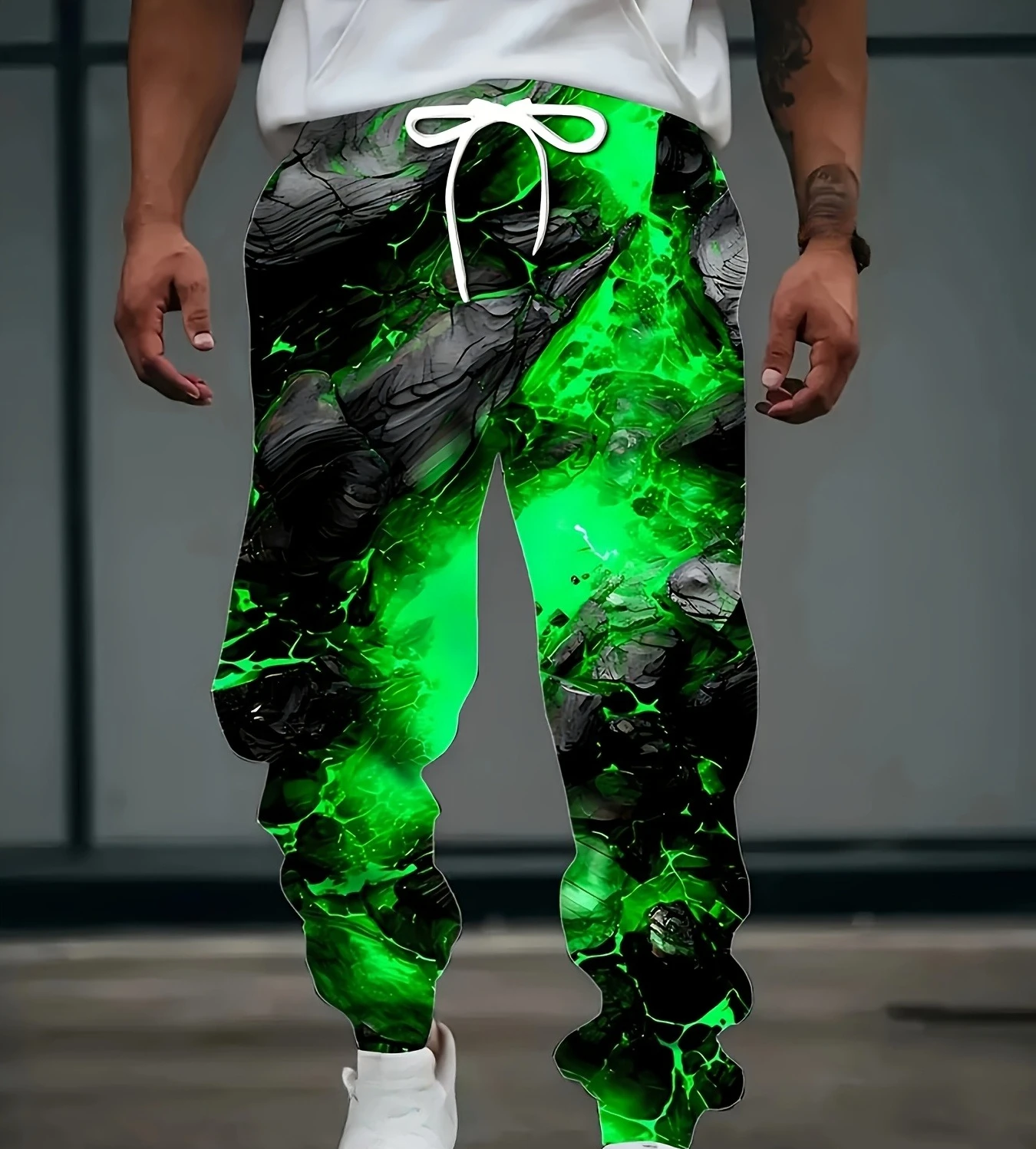 Men's 3D Green Flame Pattern Printed Sports Pants Are Fashionable Pants Suitable for Casual and Comfortable Home Wear