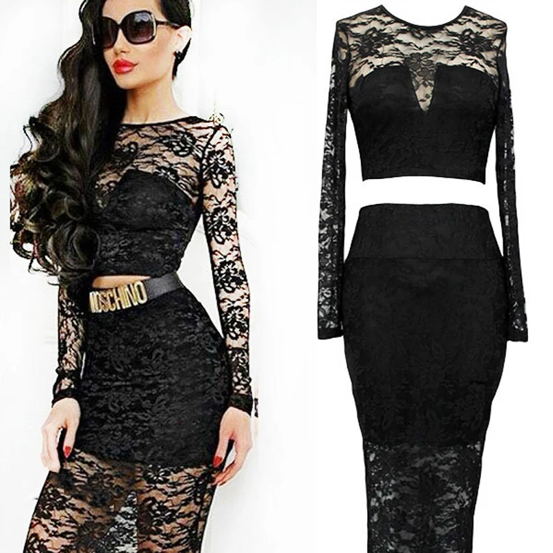 Dames kanten jurk, top en rok, tweedelige bodycon