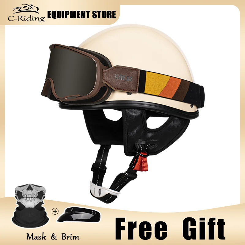 

Retro Vintage Motorcycle Helmet Half Open Face Style Moto Helmet with Visor UV 400 Goggles Motocross Motorbike Casco Capacete