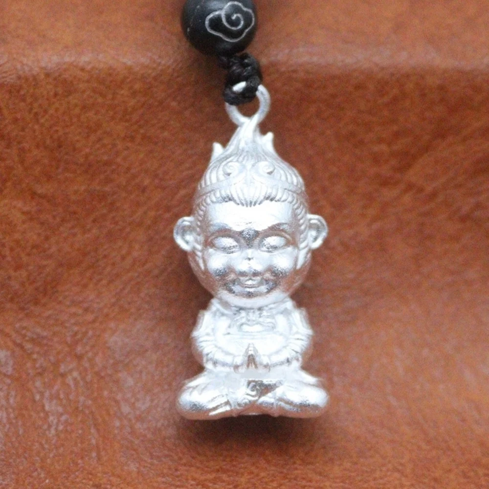 Real Pure 999 Fine Silver Men Women Bless Lucky Monkey King Wukong Pendant 13-14g