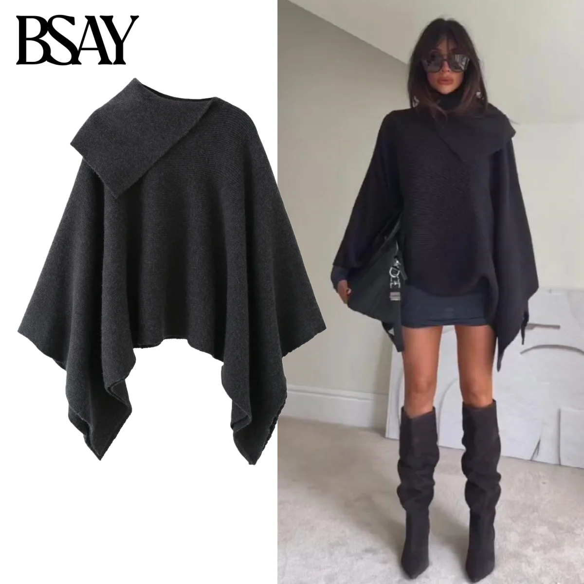 

BSAY Asymmetric Collar Cloak Knitted Sweater for Women Fashion Autumn Winter New Long Sleeves Tops Jackets Chic Female Mujer