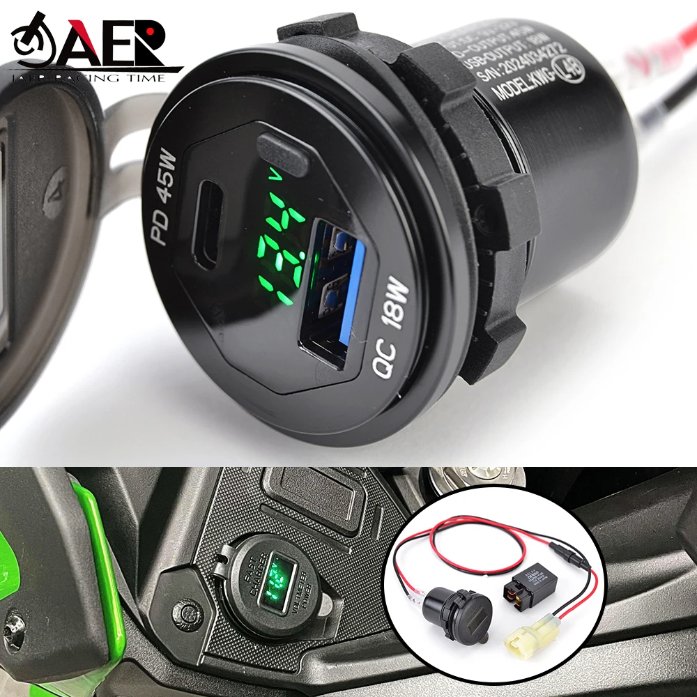 12V 24V Motorcycle Charger Socket with USB+ C Type Fast Charge Waterproof USB Outlet for Kawasaki Versys650 Versys 650 2022-2024