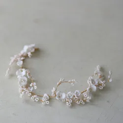 Beads Porcelain Flower Bridal Headband Tiara Wedding Women Hair Vine Crown Handmade Accessories