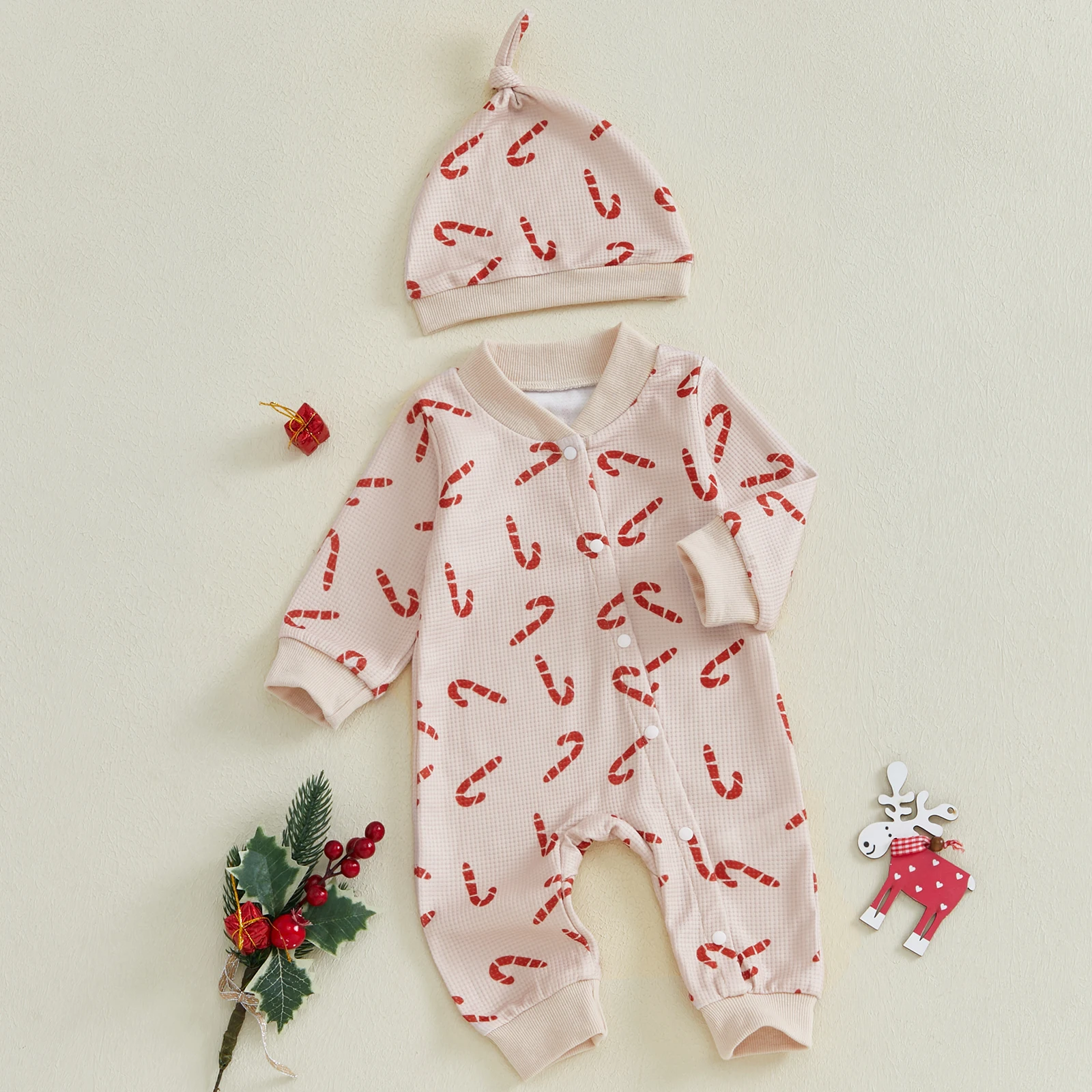 BeQeuewll Baby Girls Boys Full Length Romper Christmas Newborn Clothes Candy Cane Print Long Sleeve Infant Jumpsuit with Hat