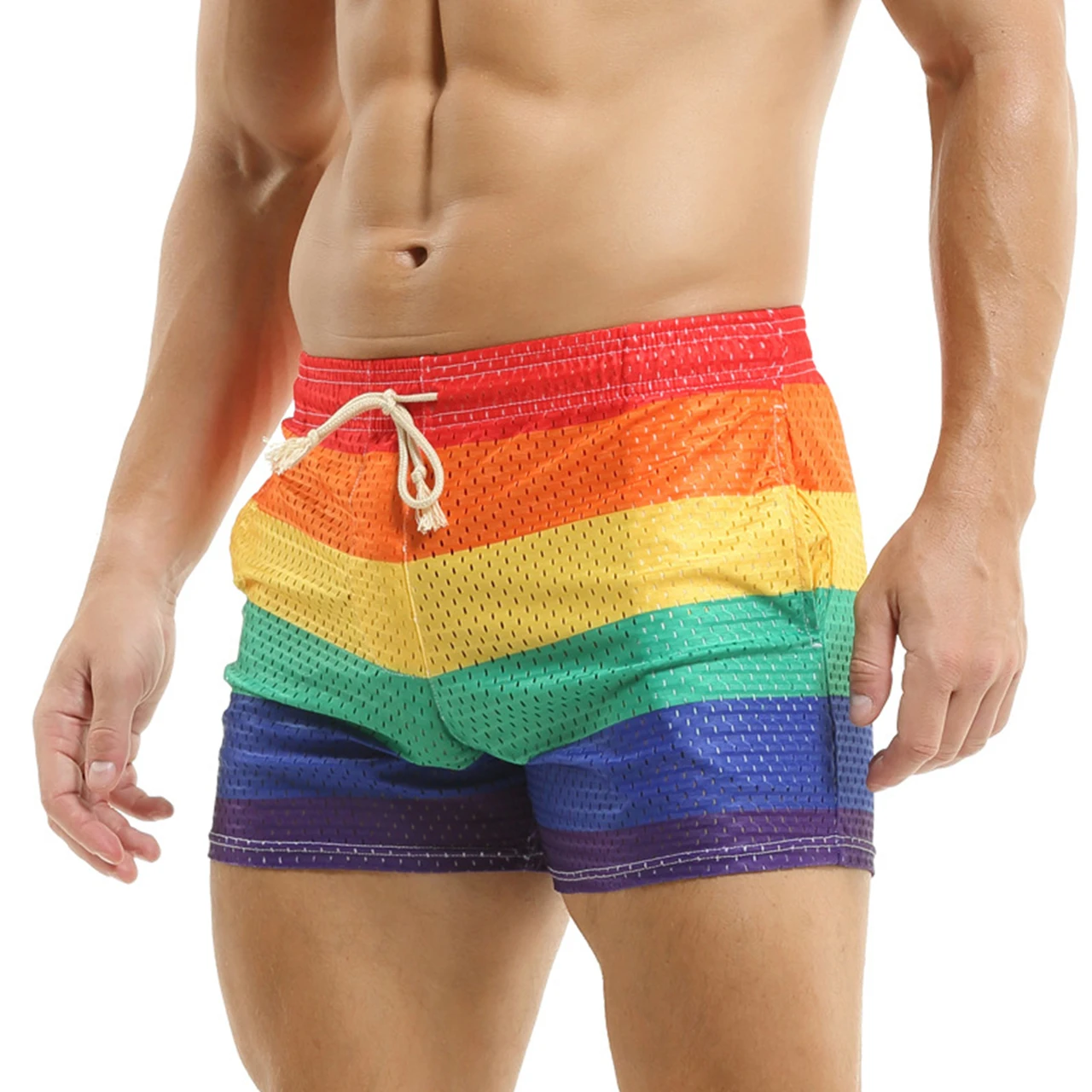 Men's Sexy Beach Short Pants Rainbow Mesh Trunks Sexy Beachwear Casual Boxers Shorts Bottoms Pocket Quick-dry Drawstring