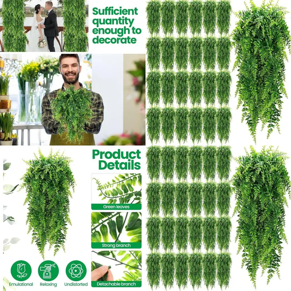 

32-Inch Artificial Hanging Boston Fern Plants, 28 Pieces, Plastic Greenery for Indoor & Outdoor Decor, No Baskets