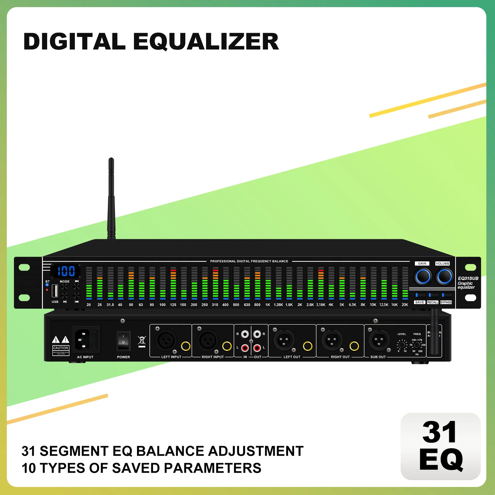 Equalizador digital eq31sub, sintonizador de 31 estágios, desempenho profissional, redução de ruído, processamento de áudio