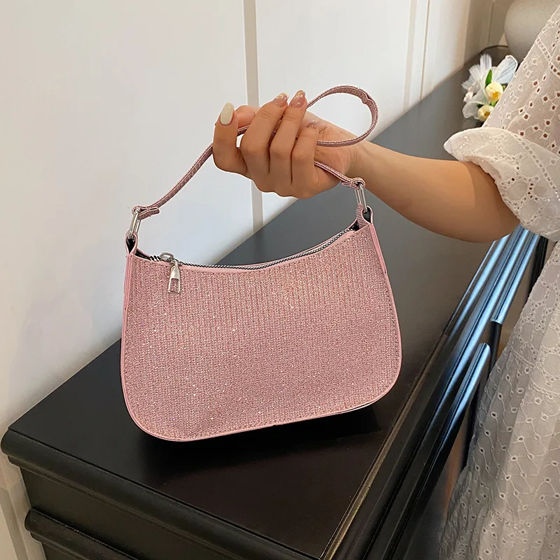 

2025 Sequin Shoulder Bag for Women Minimalist Tote Fashion Iridescent Glam Hobo Purse Solid Color American Handbag for Girls