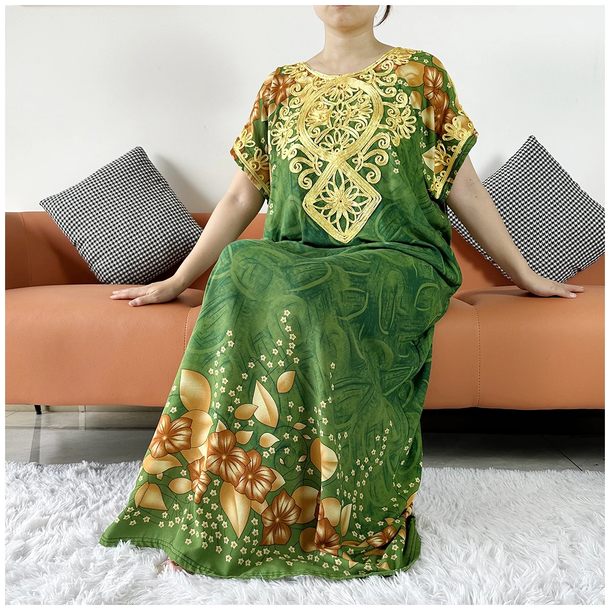 2 Pieces Africa Dashiki Floral Printing Loose Cotton Caftan Lady Summer Maxi Casual Dresses With Scarf  Vestidos Short Sleeve