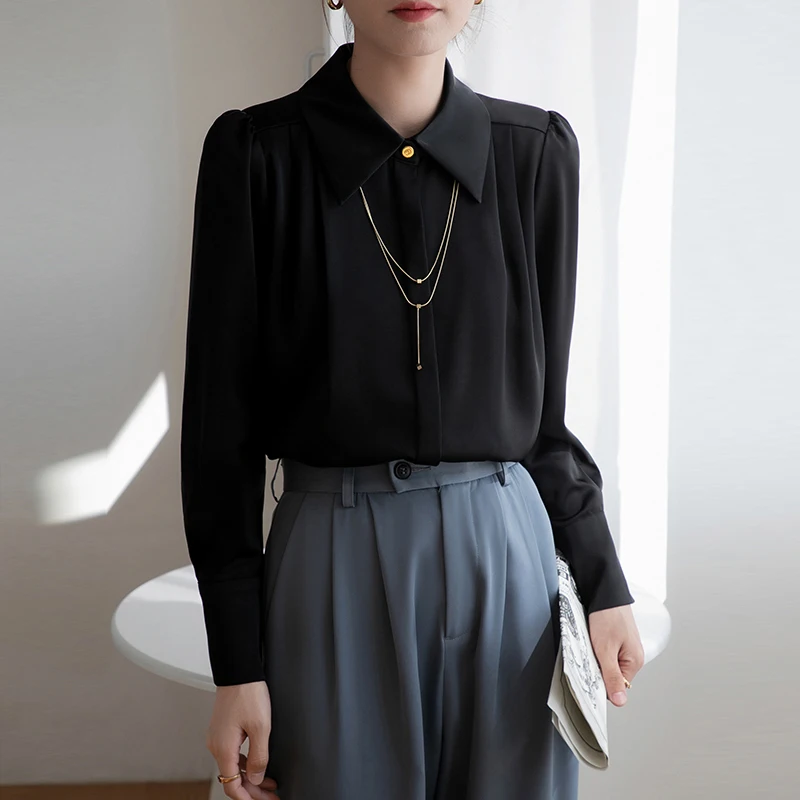 Women Spring Simplicity Slim Office Lady CHAIN Solid Color Square Collar Long Sleeve Shirts Women Clothes Casual All-match Tops