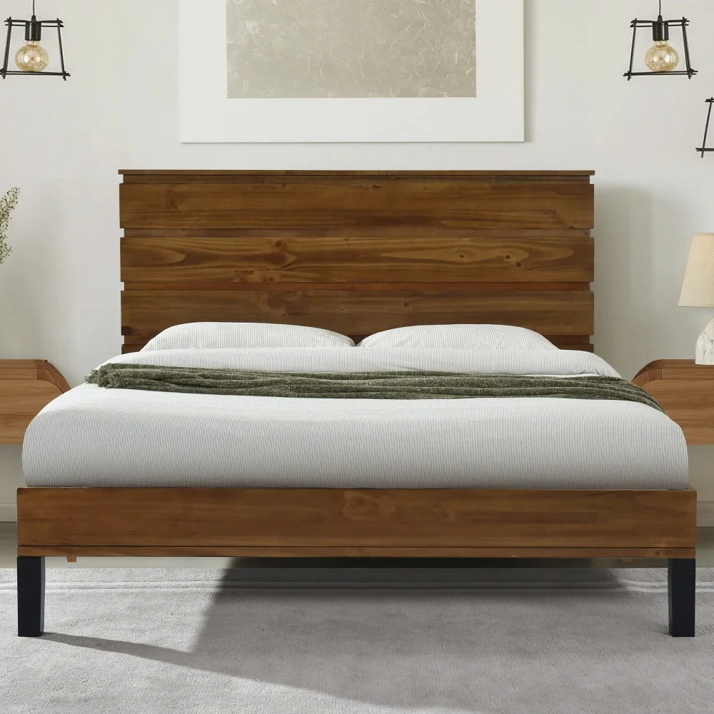 Bed Frame , Frame Platform Bed with Six-Piece Headboard Design, No Box Spring Needed, Modern Solid Wood Bed Platform