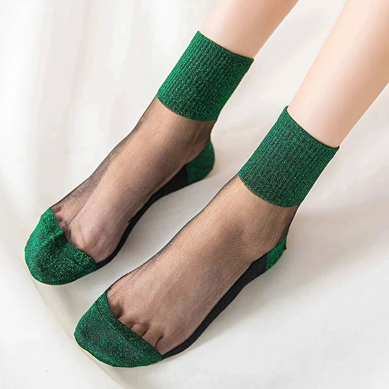 1/2/3/4/5Pairs Green Shiny Detail Socks, Colorblock Sheer Mesh Mid Tube Socks, Women\'s Stockings & Hosier