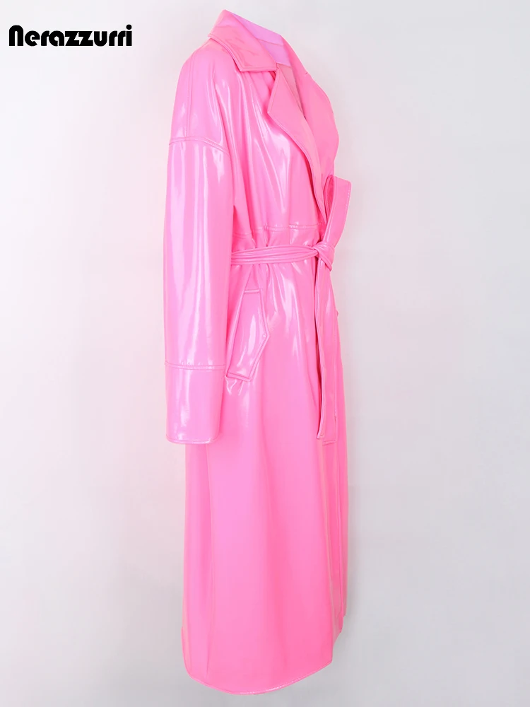 Nerazzurri Spring Autumn Long Oversized Bright Green Pink Patent Leather Trench Coat for Women Sashes Luxury Designer Clothes