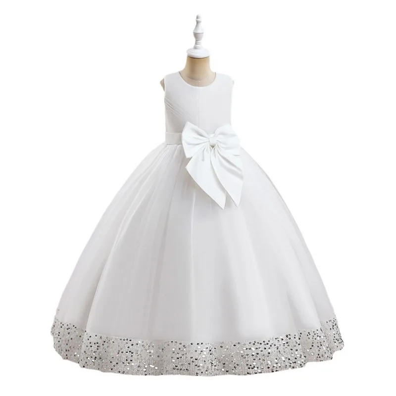 2024 nuovo vestito da principessa per bambini con fiocco in vita e maglia di paillettes Fluffy Princess Long Dress abiti da spettacolo per ragazze matrimoni