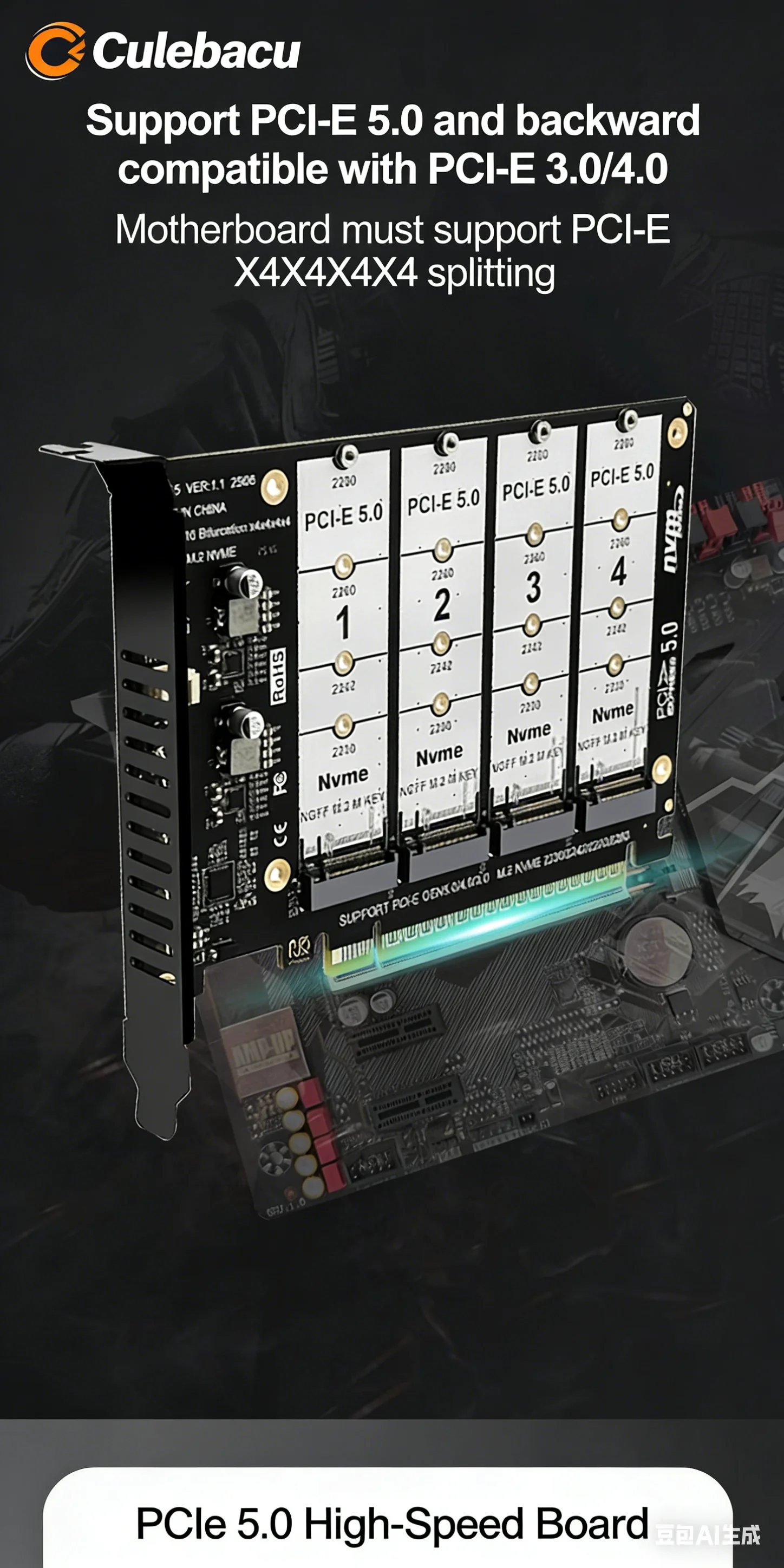 PCIE5.0 4.0 X16 to 4 Port NVME Adapter Bifurcation Card PCI-E GEN5 16X to 4 128Gbps Raid Card for 2230 2242 2280 M2 NVME SSD