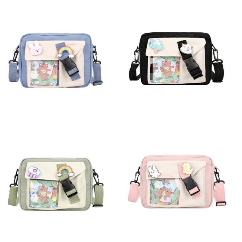 Japanese School Girl Colorblock Canvas Crossbody Bag Cartoon Transparent Shoulder Bag for Women