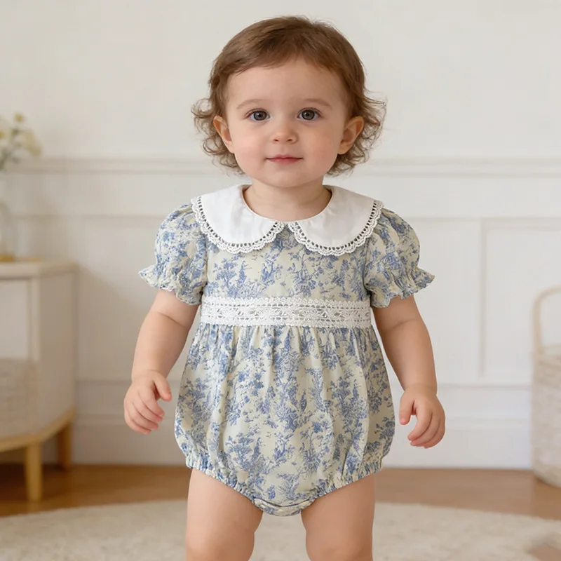Summer Baby Crawler Clothing Korean Edition Thin Women's Baby Western Style Doll Neck Floral Outerwear Short Sleeve