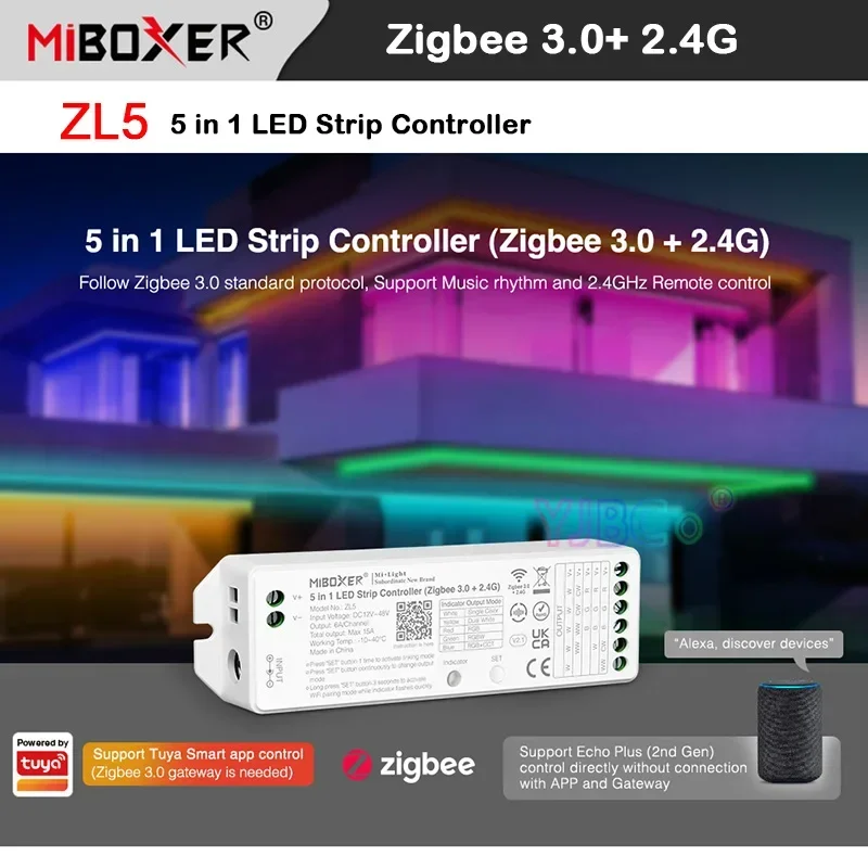 

Miboxer Zigbee 3.0+2.4G Dual white/RGB/RGBW/RGBCCT 5 in 1 LED Strip Controller ZL5 CCT Single color Light tape Dimmer 12V 24V