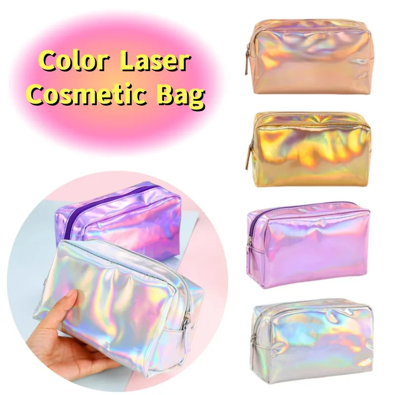 Fashion Solid Color Laser Cosmetic Bags Travel Portable Toiletries Storage Bags Large Capacity Makeup Bag Outdoor Toiletry Pouch