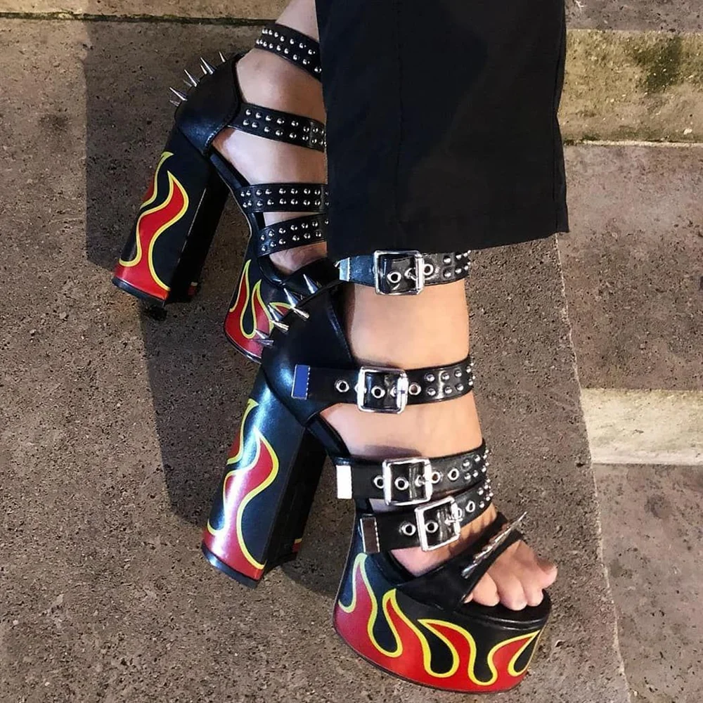 

Flame Platform Rivets Straps Sandals Female Sexy Multi Belt Buckle Round Toe Chunky Heel Shoes Lady Party Nifty Fashion Sandals