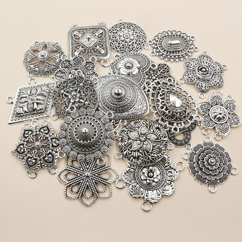 10pcs Antique Silver Plated Bohemian Vintage Flower Connector Charm Pendant DIY Necklace Bracelet Jewelry Making Accessories