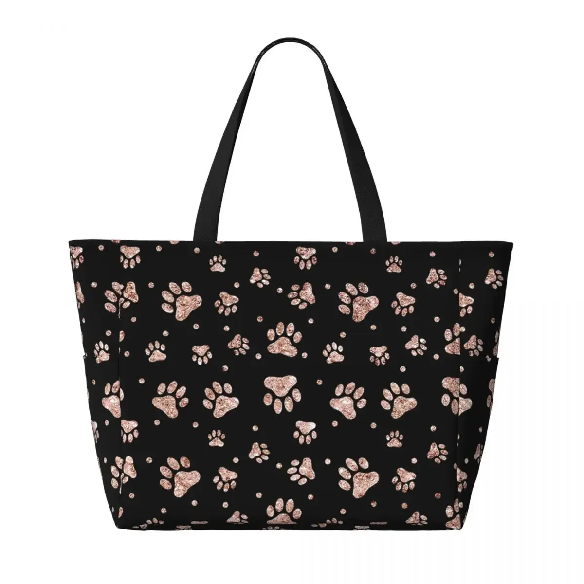 Custom Glitter Rose Gold Dog Paws Travel Tote Bag Women Large Capacity Grocery Shoulder Shopper Bags