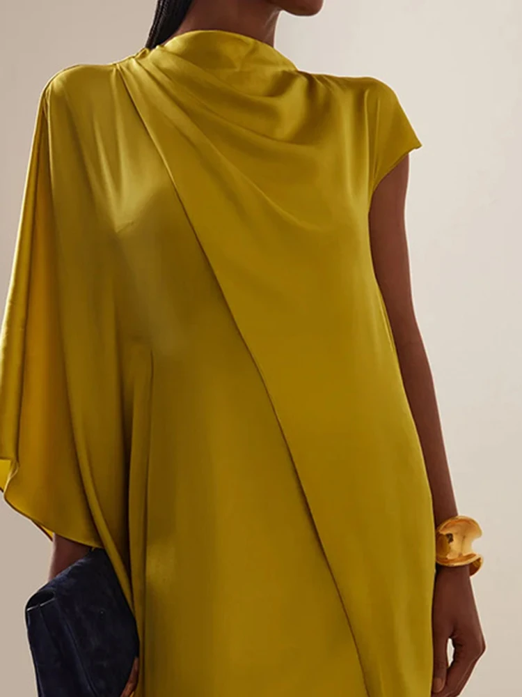 

French Style Elegant Solid Satin Robes Lady Loose Irregular Commute Dress New Temperament High Waist Pleated Evening Party Dress