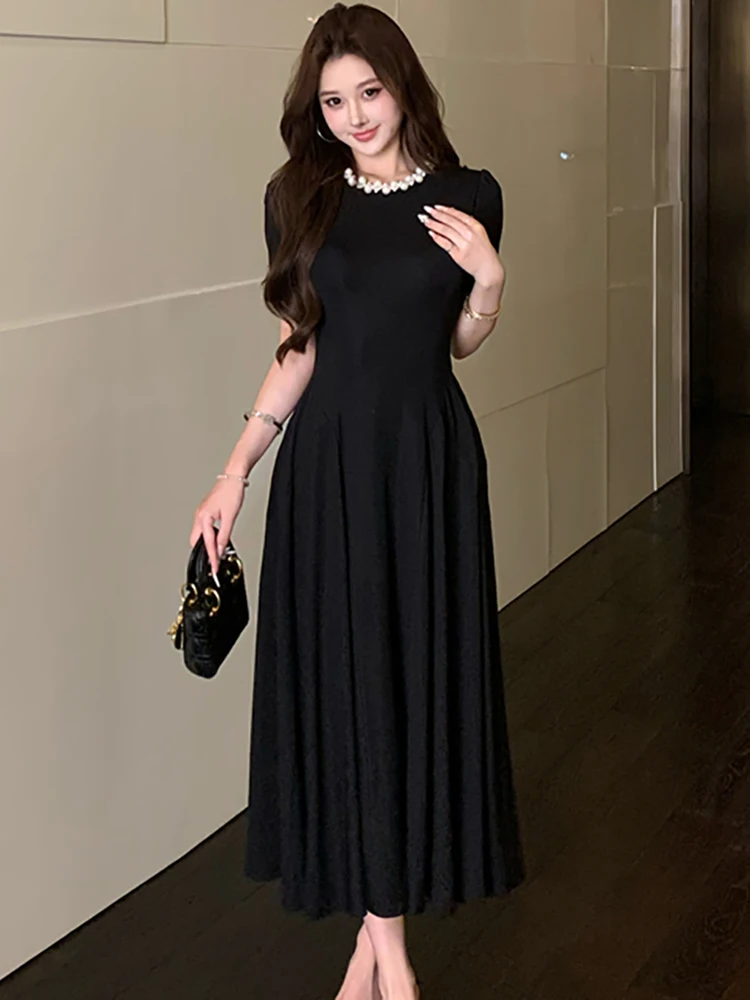 2025 Zwarte Korte Mouw Kralen O-hals Lange Jurk Vrouwen Vintage Hepburn Luxe Avondjurk Zomer Elegante Bodycon Feestjurk