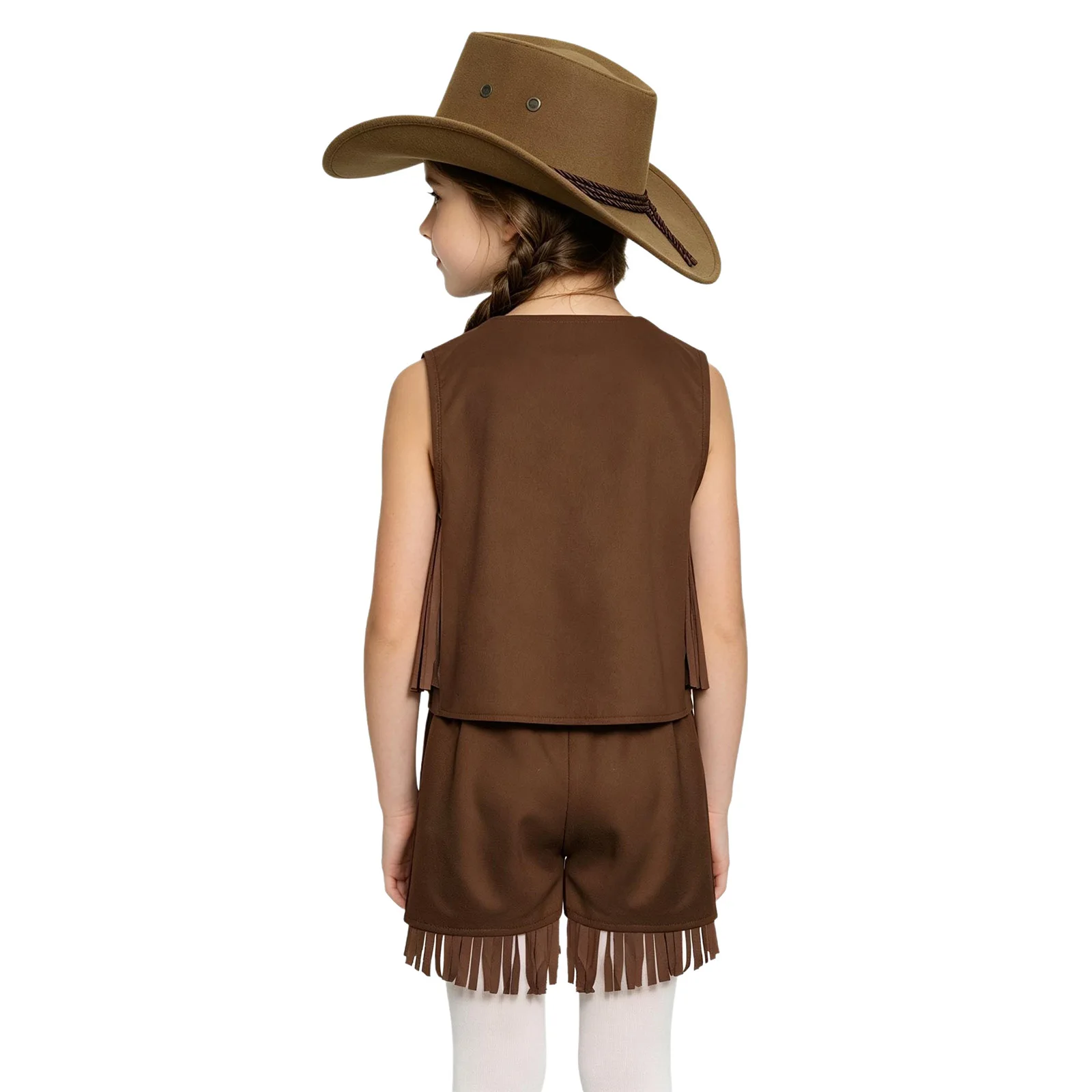 Kids Girls Boys Cowgirl Cowboy Costume Sleeveless Faux Suede Fringe Vest with Pockets Shorts Hat Festival Halloween Party Outfit