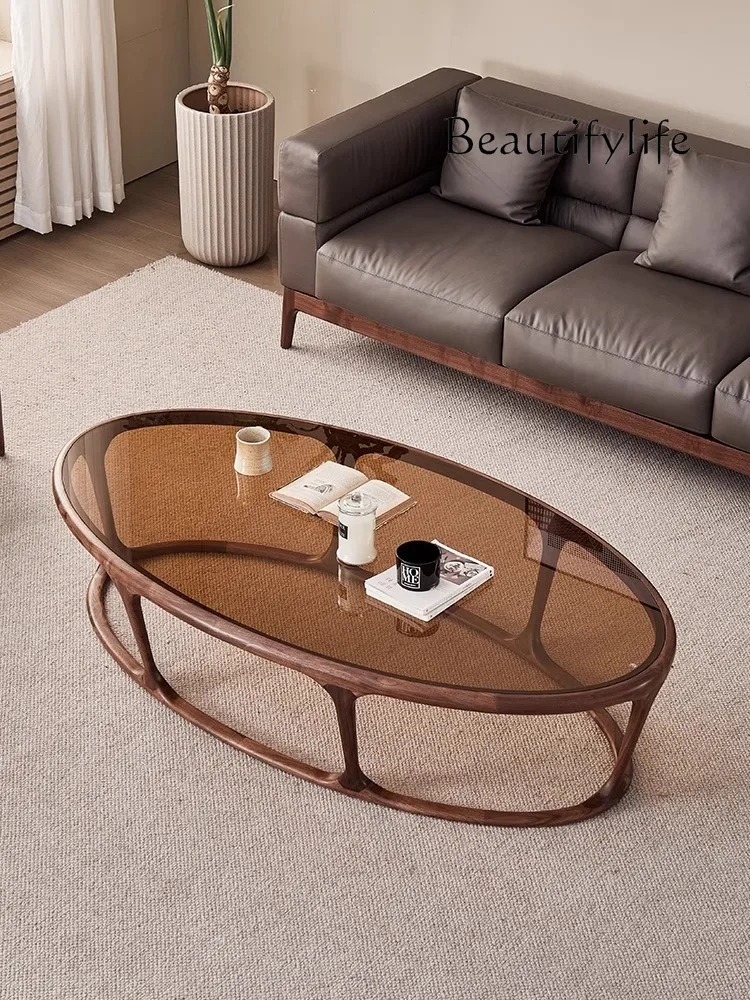 

Nordic Office Walnut Oval Tea Table Balcony Leisure Reception Room Tempered Glass Side Table